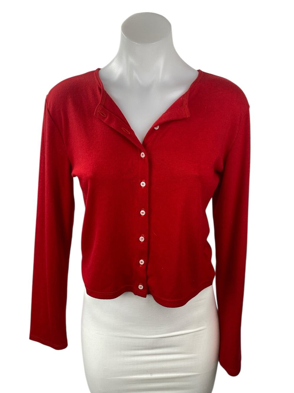 Le Bop Women's Red Round Neck Long Sleeve Button Down Cardigan Sweater Top Sz S